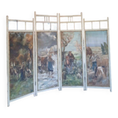 Screen XIX, four painted panels, rural decor. Art Deco style.