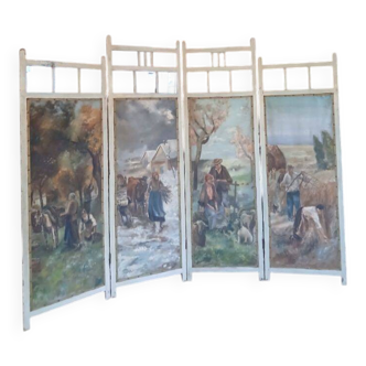 Screen XIX, four painted panels, rural decor. Art Deco style.