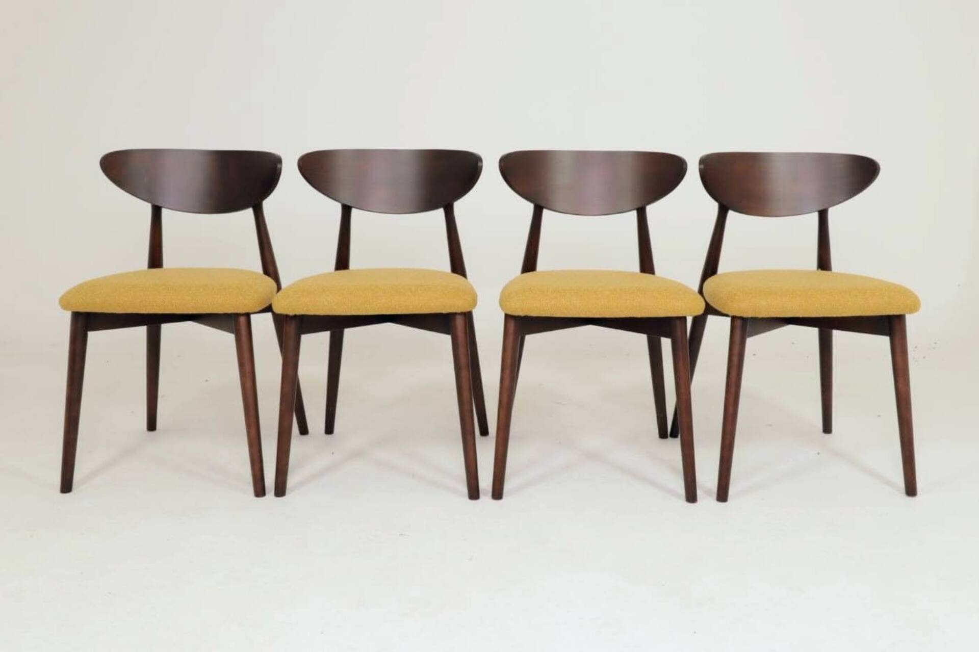 Modern Set of 4 Dining Chairs, Ochre Bouclè and Dark walnut beech wood