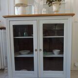 Display case, old shallow sideboard re-enchanted in cloud gray.