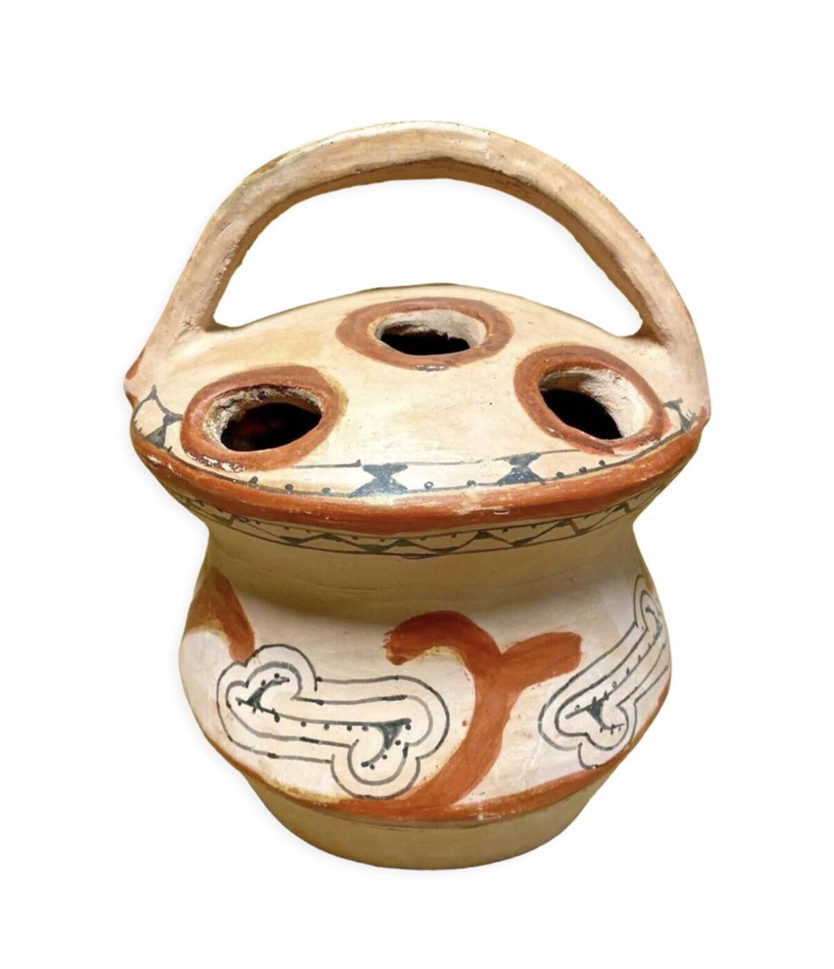 Ancient Berber flower holder, painted terracotta, vintage ethnic vase.