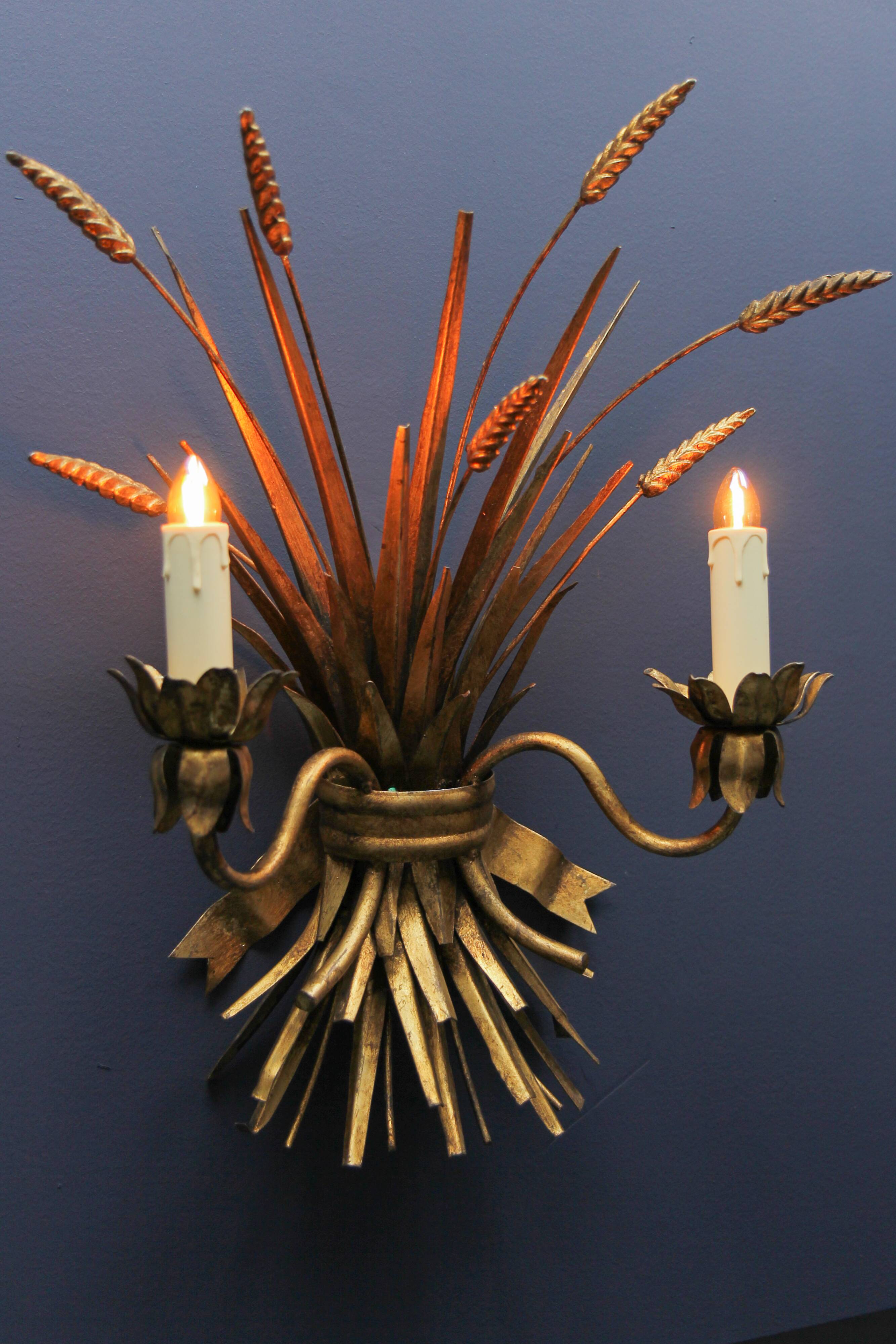 Gilt metal wheat sheaf two-light wall sconce