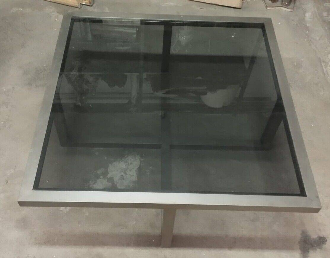 Table in satin aluminum and black glass, 70s design