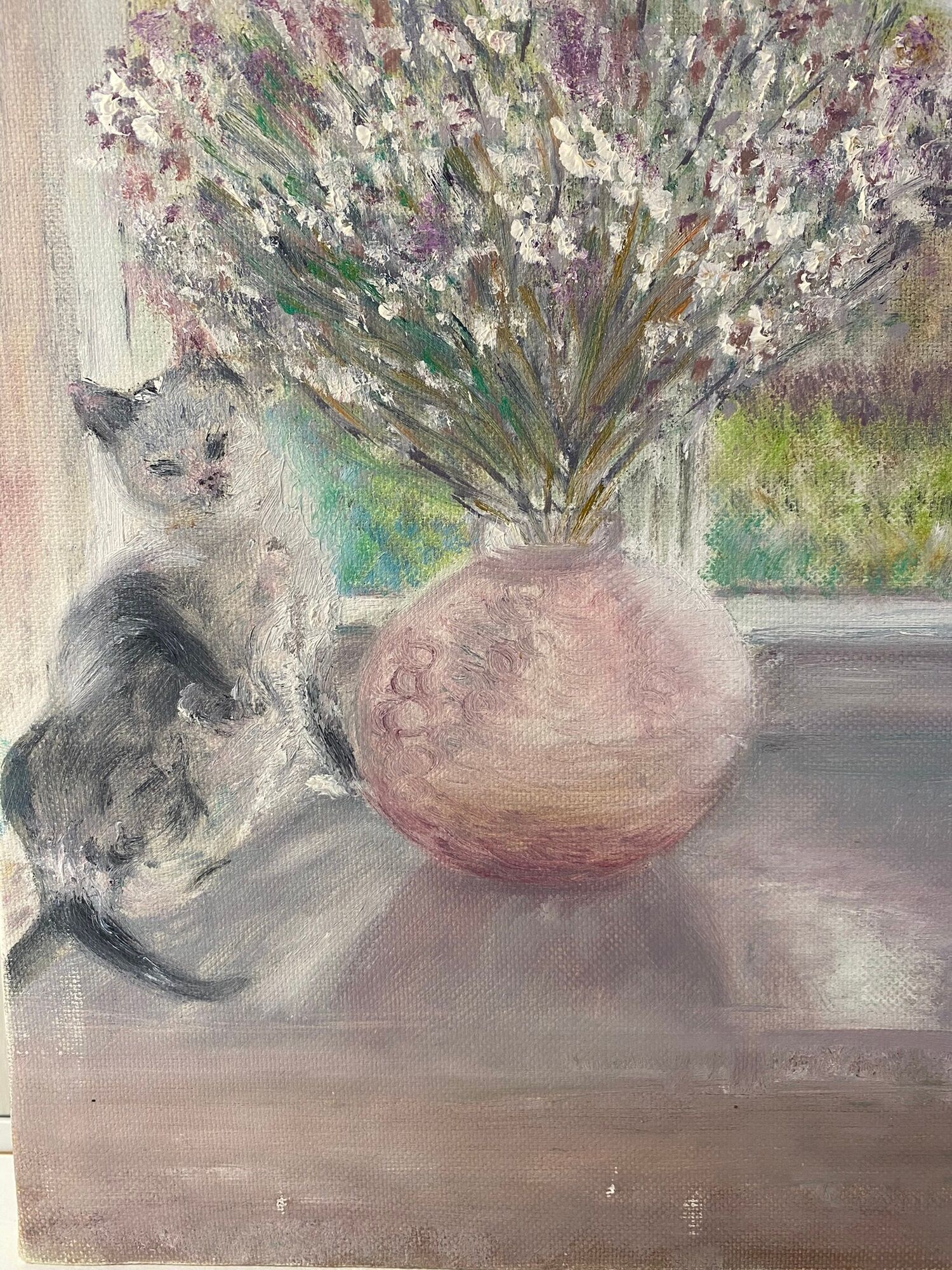 Old painting, still life with bouquet of flower and cat 80s