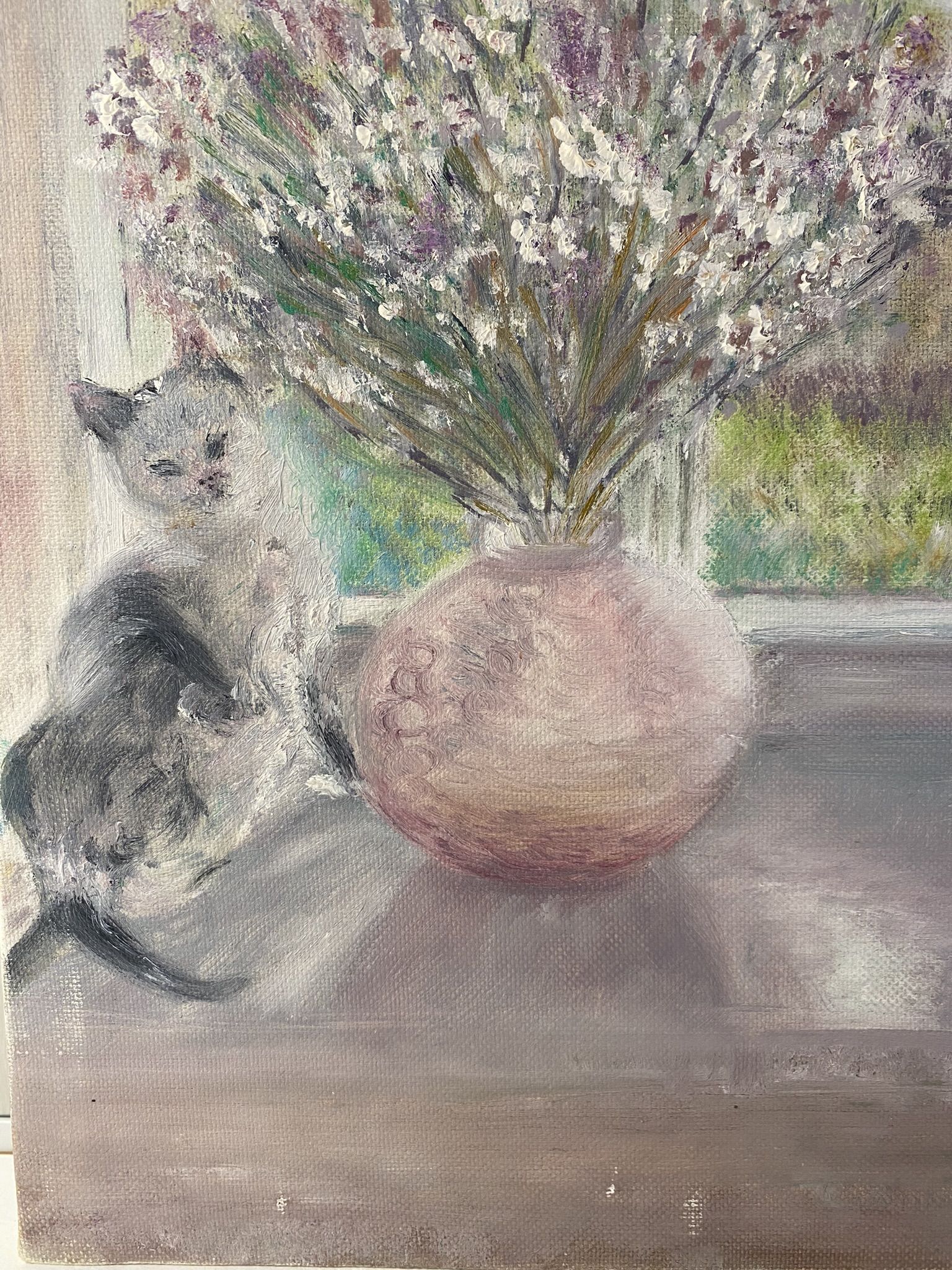 Old painting, still life with bouquet of flower and cat 80s