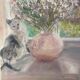 Old painting, still life with bouquet of flower and cat 80s