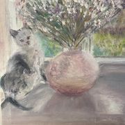 Old painting, still life with bouquet of flower and cat 80s