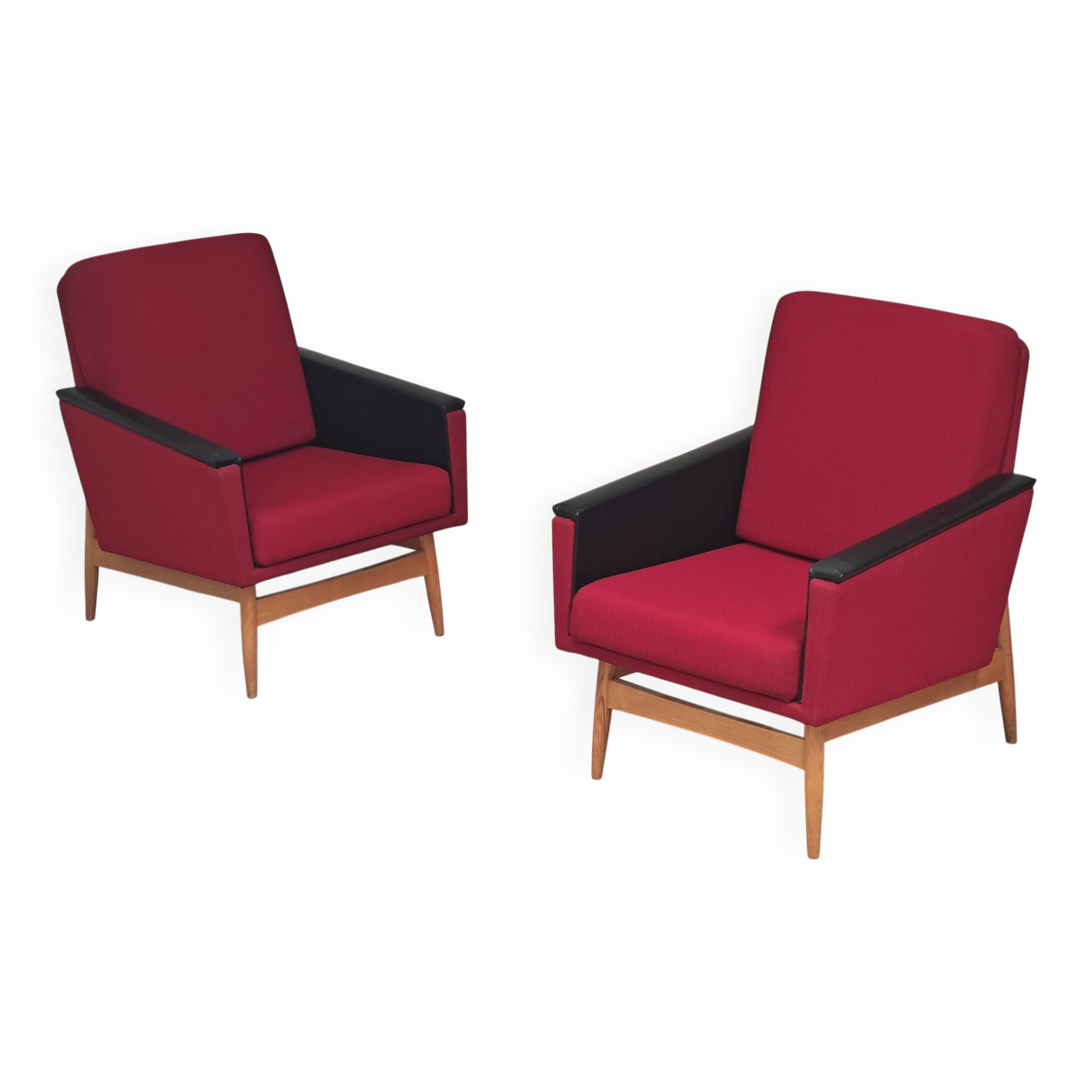 Pair of Drevotex Zamberk armchairs, red fabric and faux leather 1970