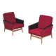 Pair of Drevotex Zamberk armchairs, red fabric and faux leather 1970