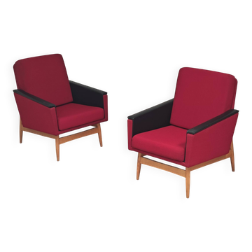 Pair of Drevotex Zamberk armchairs, red fabric and faux leather 1970