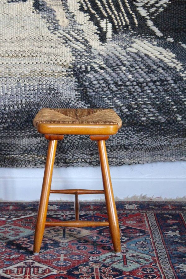 Tabouret style scandinave en paille et bois, années 1950