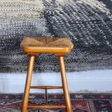 Tabouret style scandinave en paille et bois, années 1950