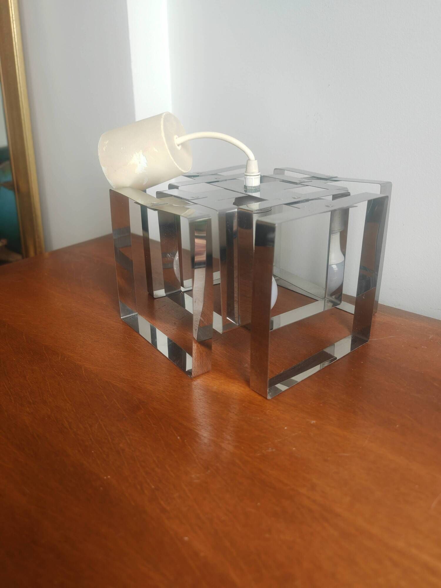 Lampe Cube Métal Chromé Vintage 70s - Style Sciolari / Rega