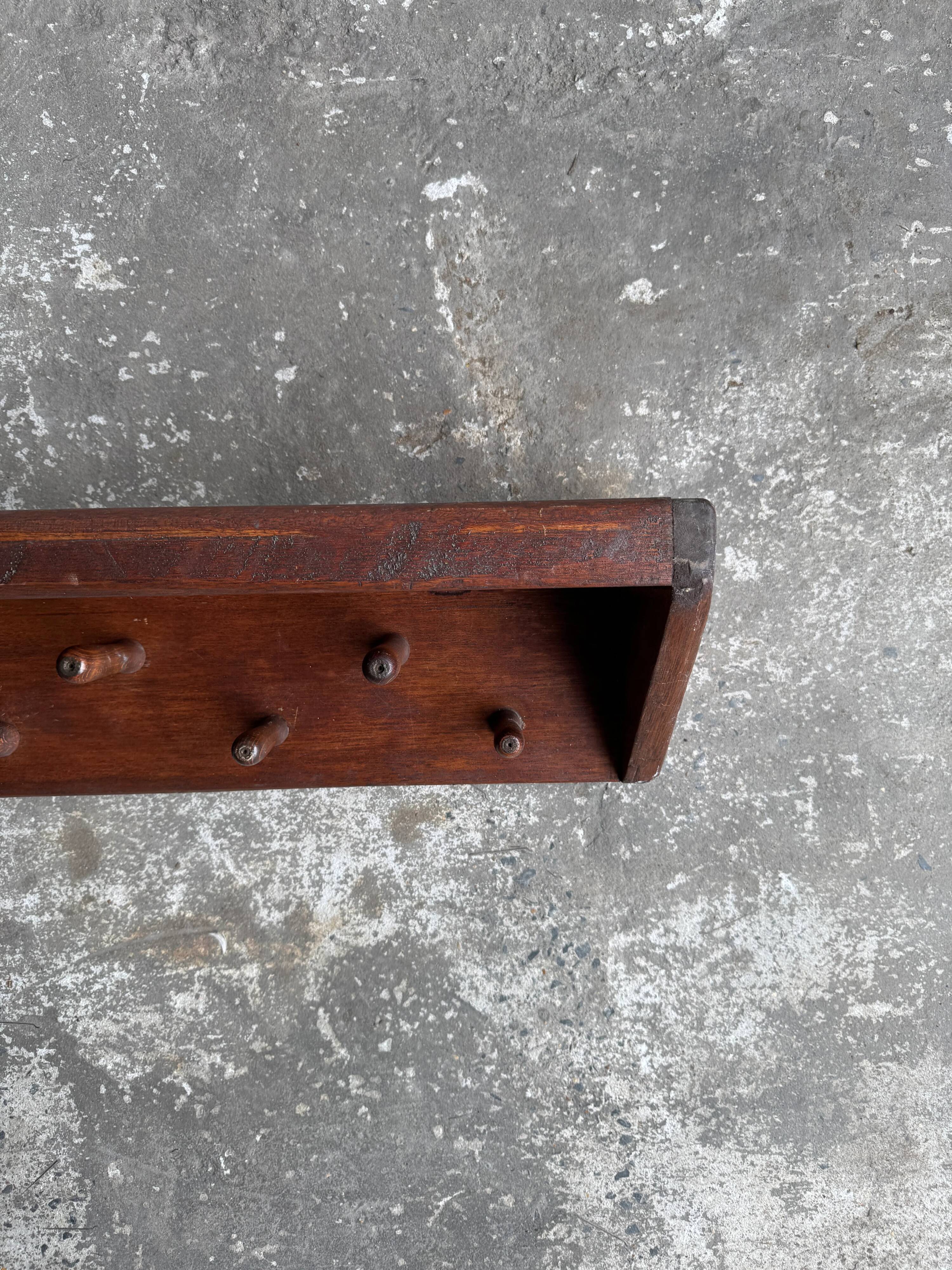 Extra-Long Solid Wood Wall Coat Rack, Walnut Brown, 20 Pegs — Mid-Century Vintage