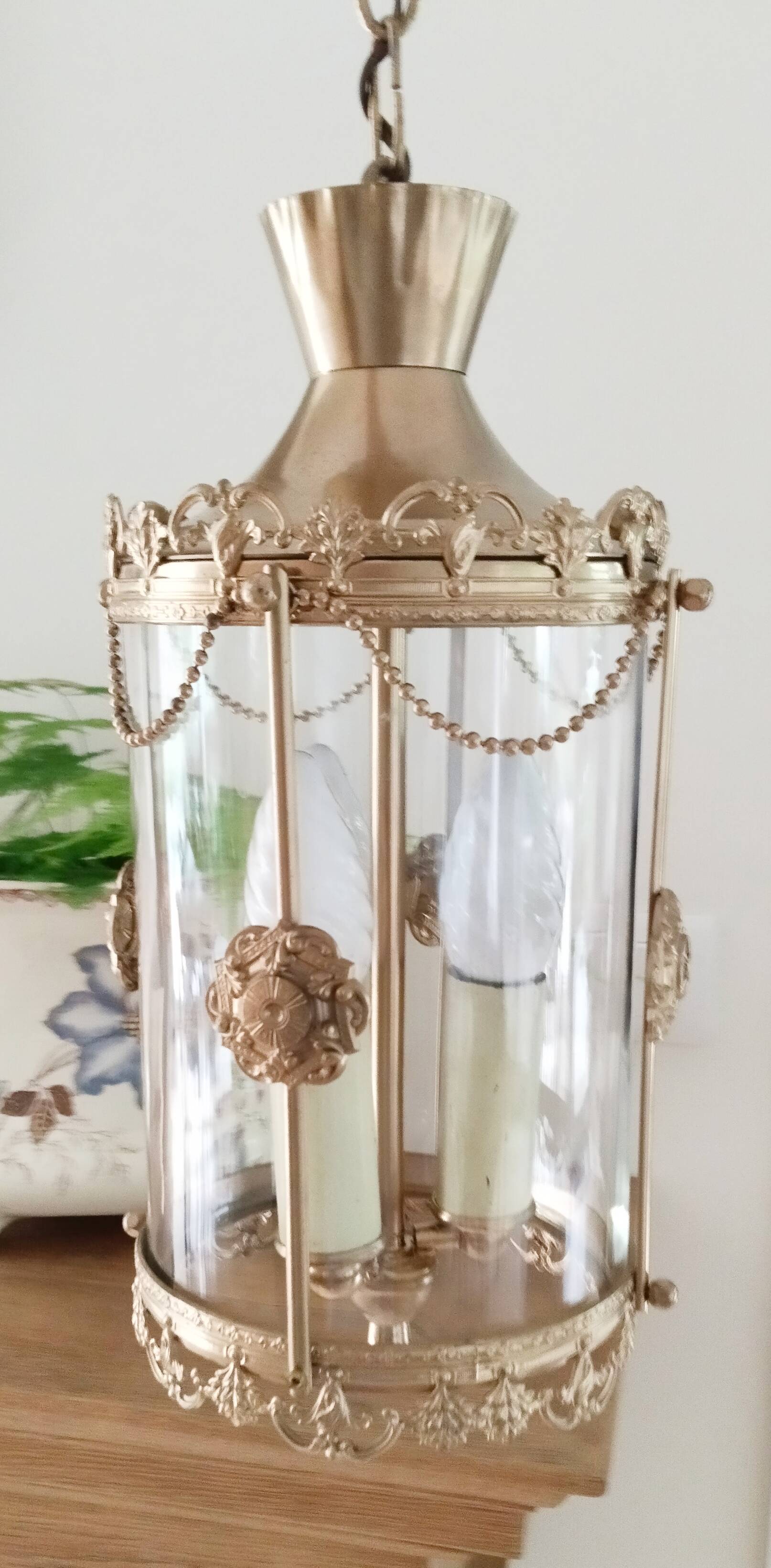 Brass and glass lantern pendant light, gold