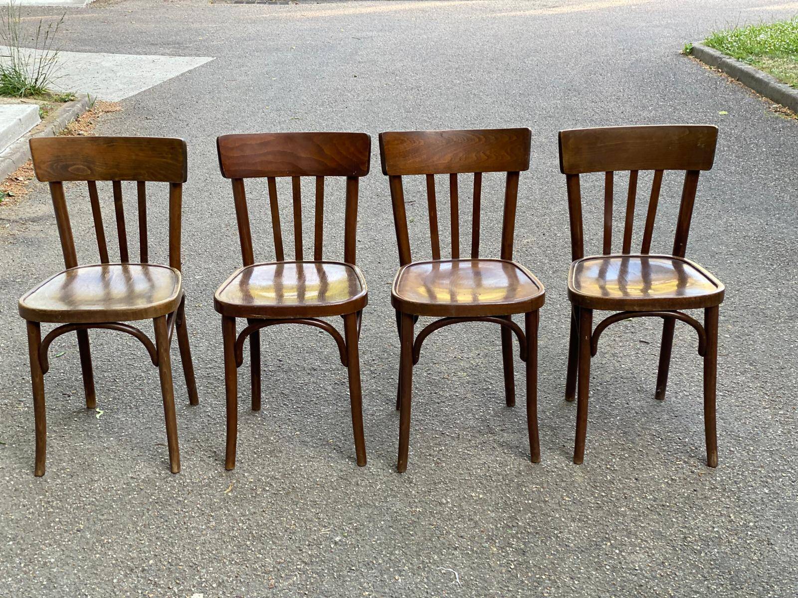 4 dark oak satin bentwood bistro chairs