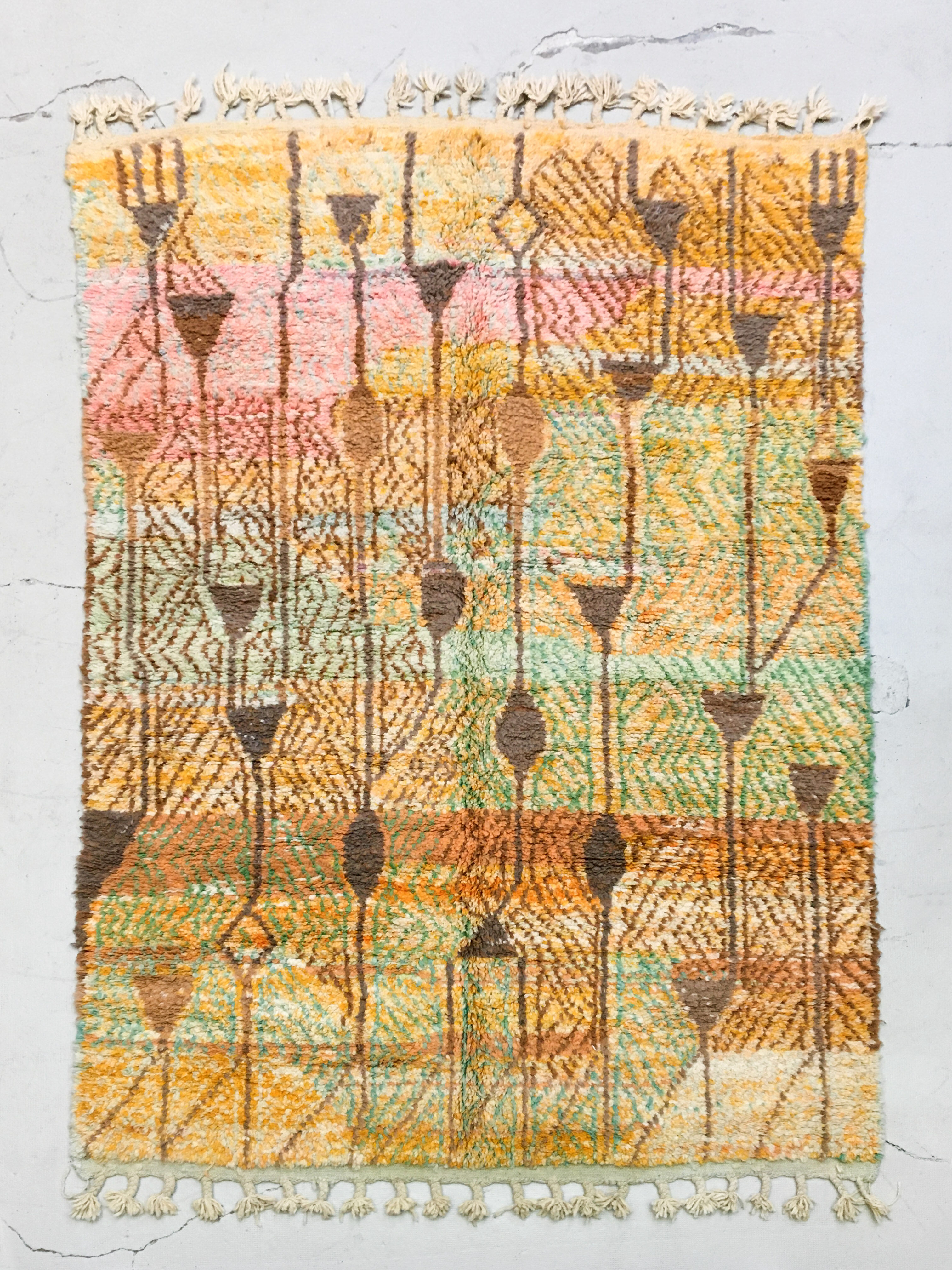Moroccan Berber rug Boujaad ochre with colorful patterns 297x197cm