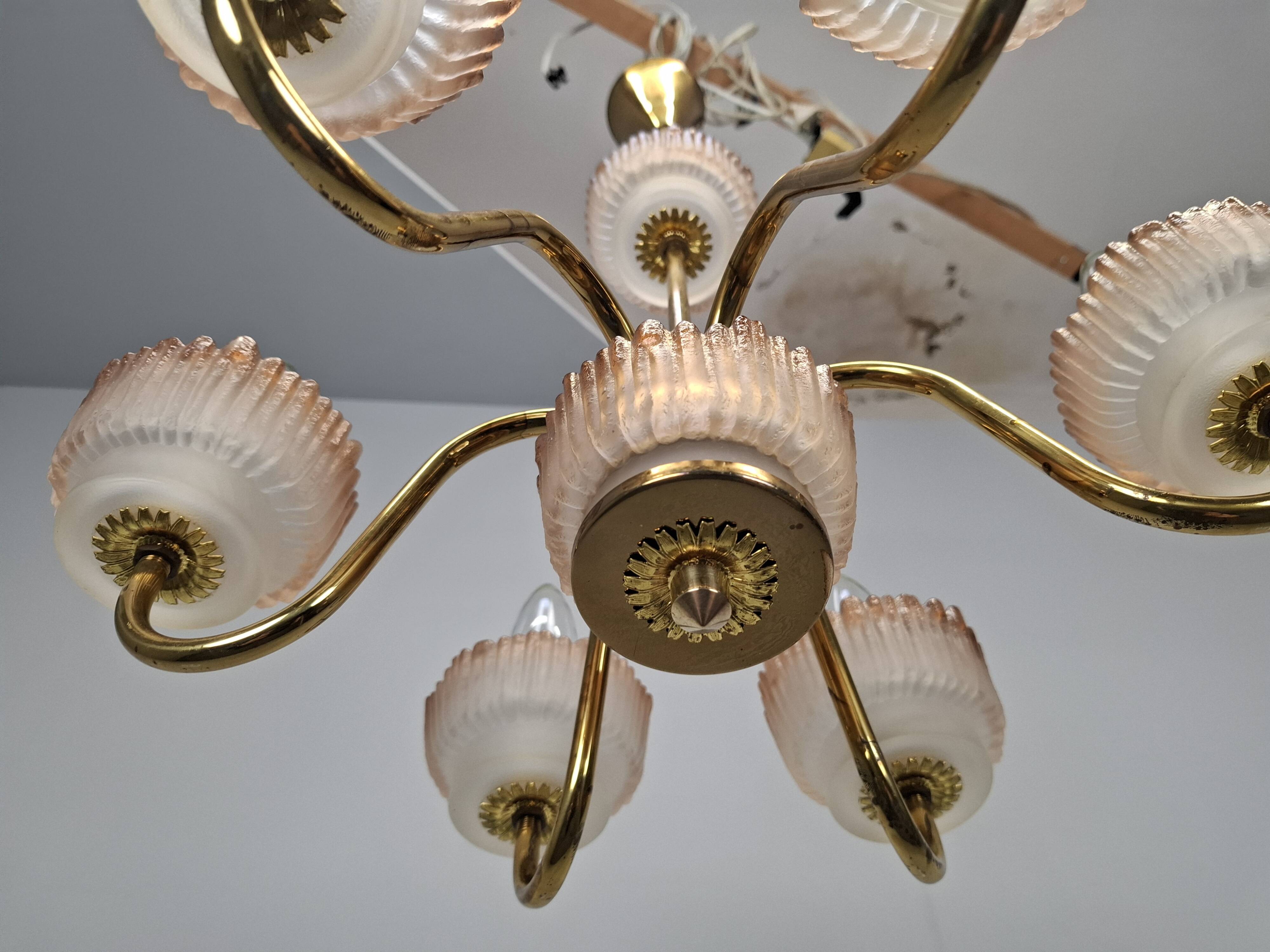 1960s Czech Mid-Century Brass and Železný Brod Frosted Glass Six-Arm Chandelier