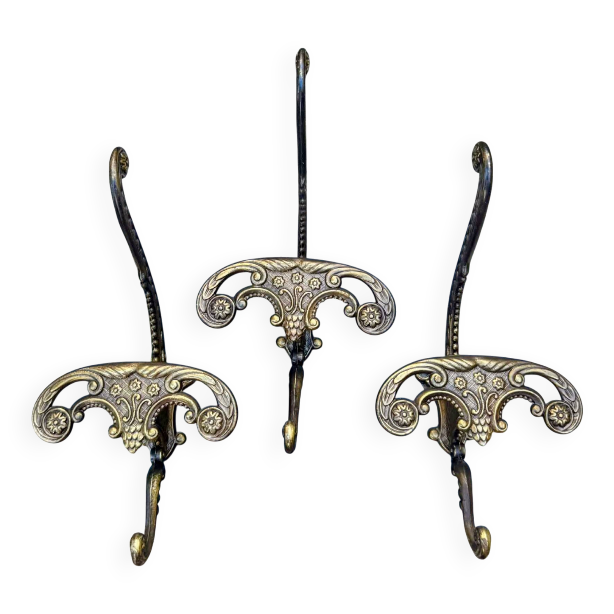 3 vintage Italian baroque brass coat hooks