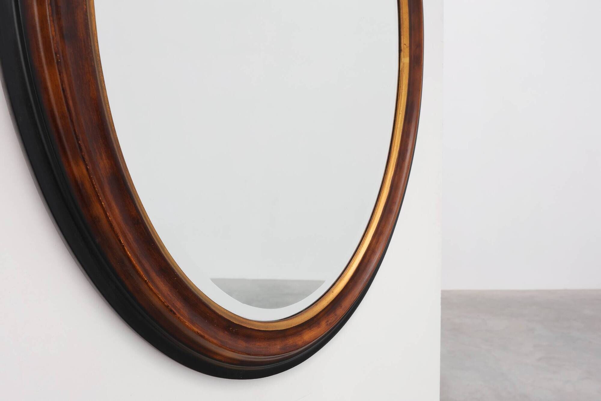 Deknudt Oval Wall Mirror with Walnut-Toned Frame and Gilt Inner Edge, Belgi