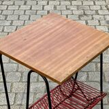 Pedestal table from the 70s, metal base and mahogany top