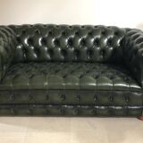 Patinated green English Chesterfield sofa