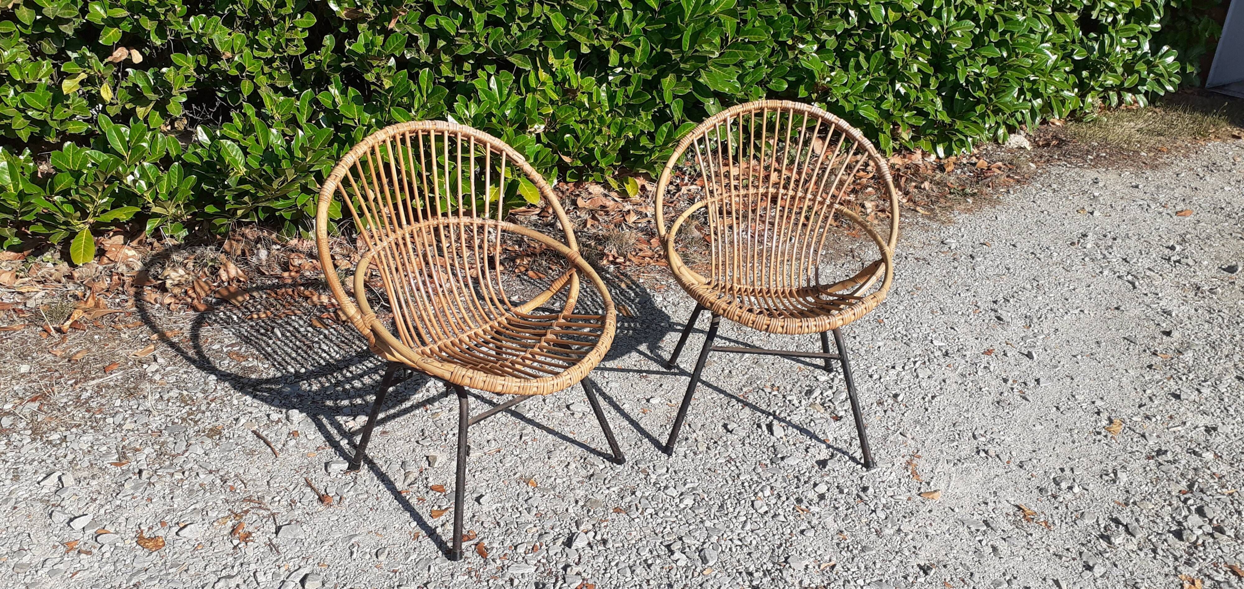 Pairs of rattan armchairs base metal year 60 vintage