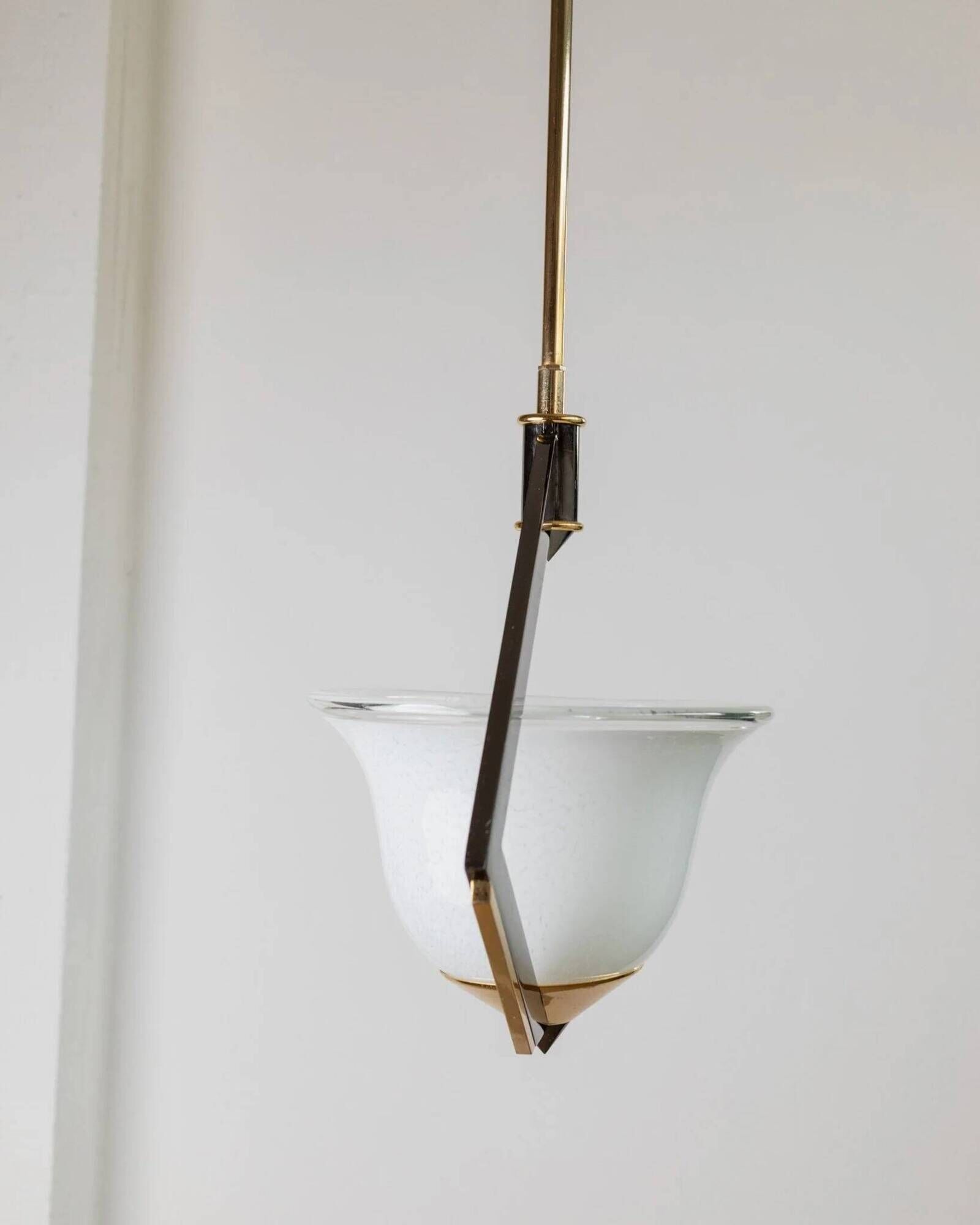 White Murano Glass Ceiling Lamp with Gold Metal Trim – 1980s Italian Vintage Triangular Chandelier