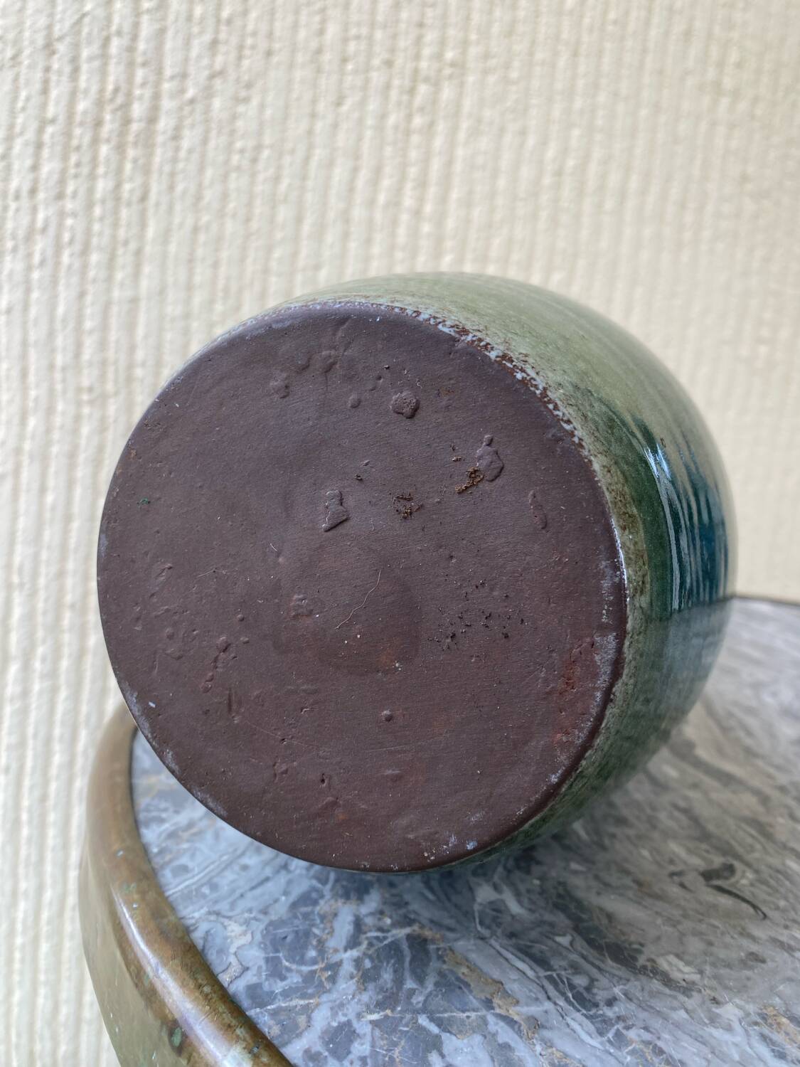 Vintage blue-green enamelled earthenware carafe