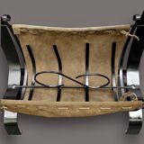 Antique wrought iron, wood and suede magazine rack - 4.1 kg - 1950s
