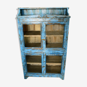 Armoire vitrine bleue buffet vaisselier meuble bois teck métal Inde
