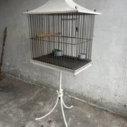 Mid-century pagoda bird cage on stand — white & black metal with brass accents