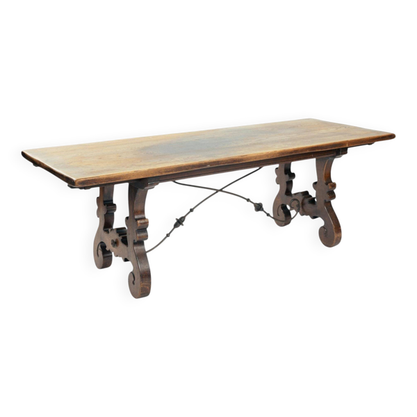 Table à manger de style baroque espagnol en chêne avec entretoise en fer forgé, 1970