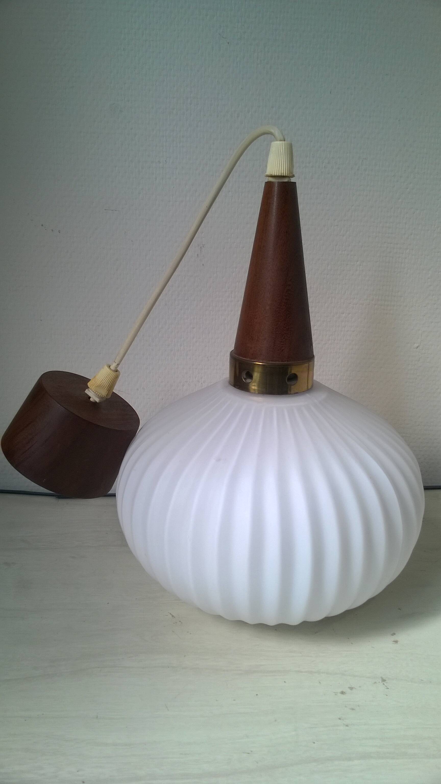 Suspension in opaline, teak and brass by Louis Kalff, c.1960