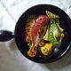 Plate caquelon in vintage slurry style Vallauris theme fish