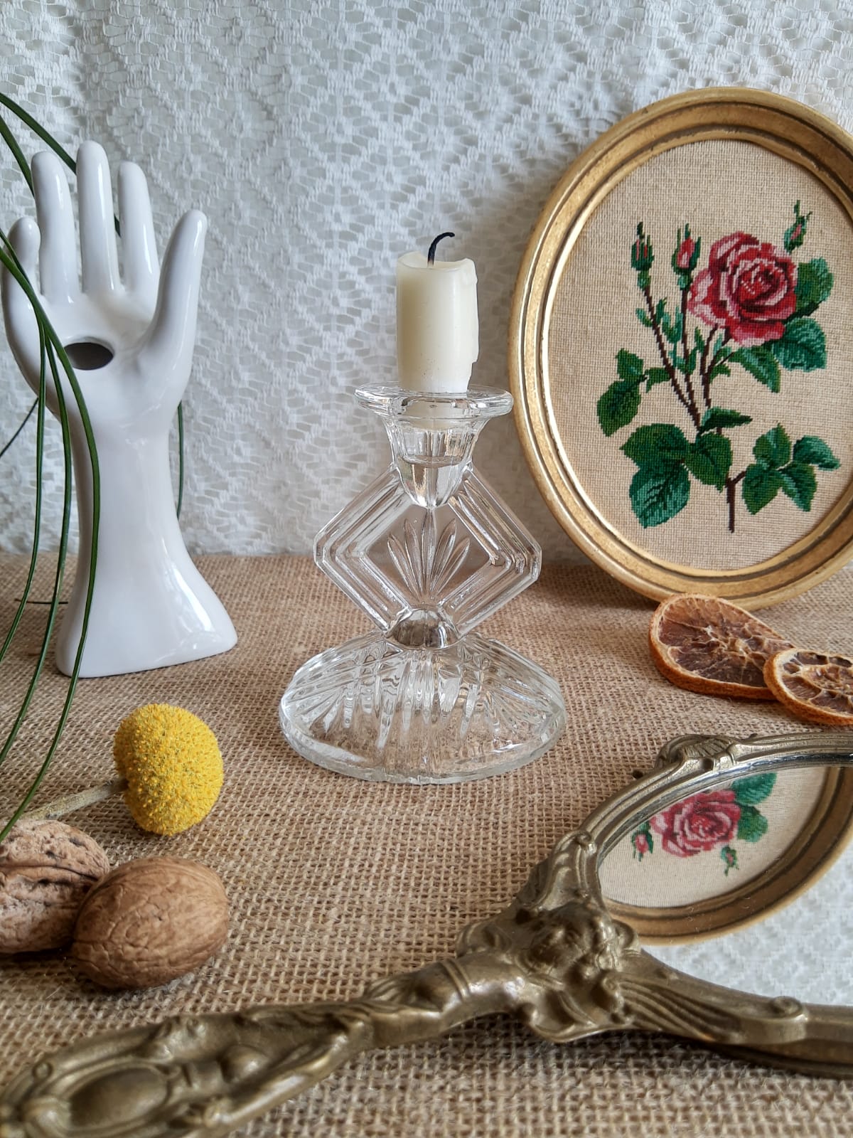 Art Deco chiseled glass candle holder - vintage