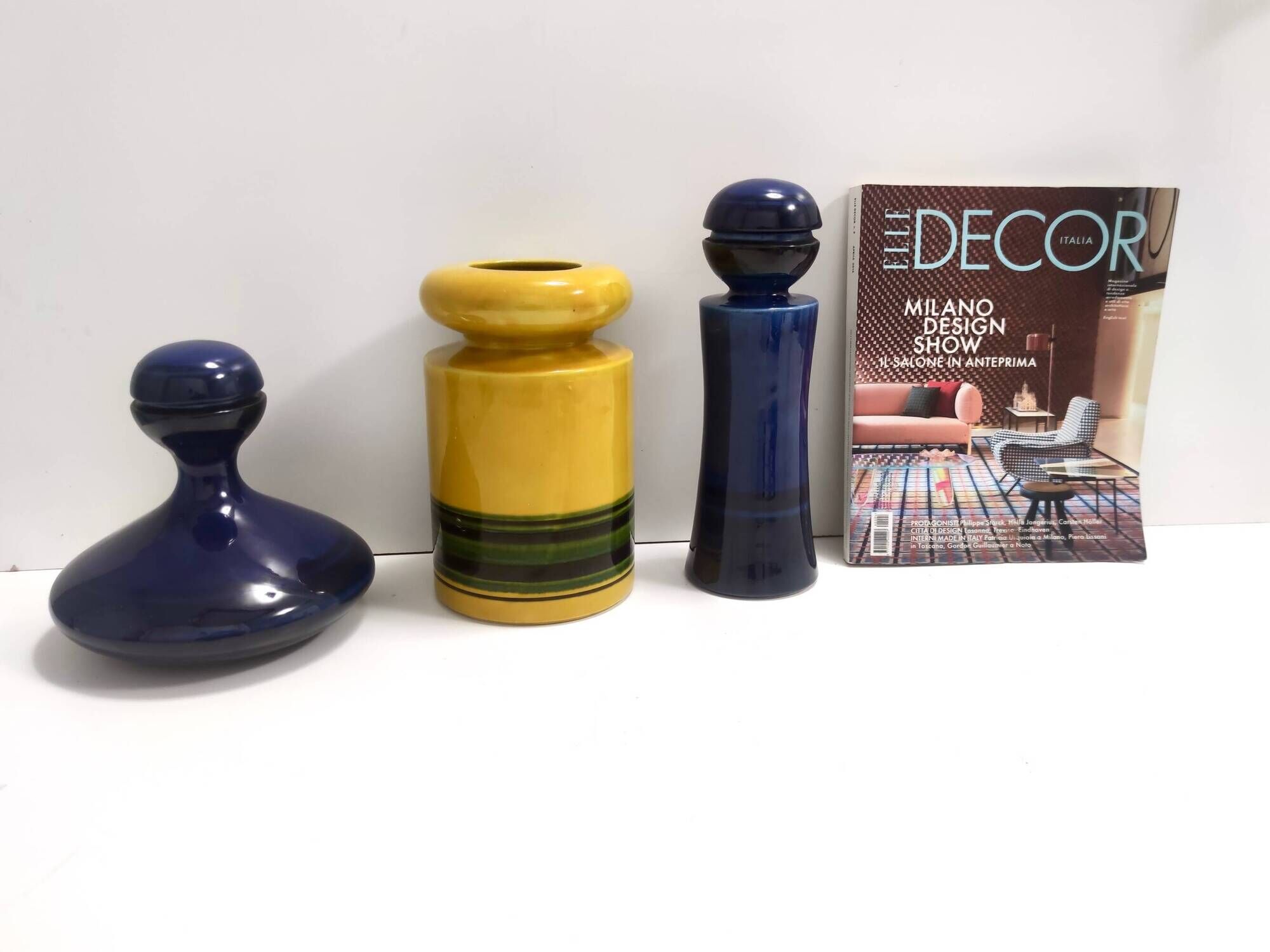 Set of Three Postmodern Blue and Yellow Glazed Vase and Bottles by Parravic