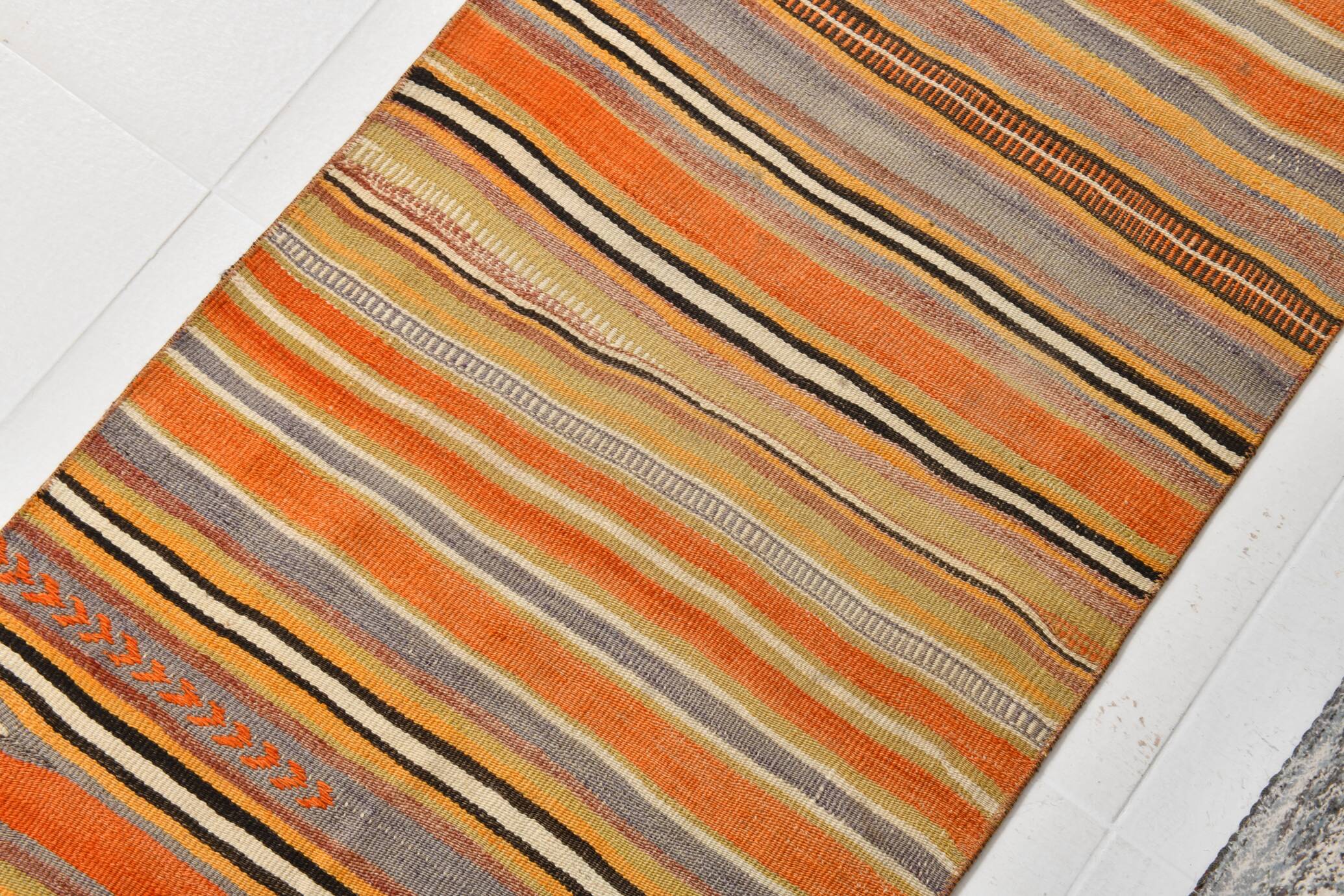 2x10 Pistriped Orange & Green Vintage Kilim Runner Rug, 69x325Cm