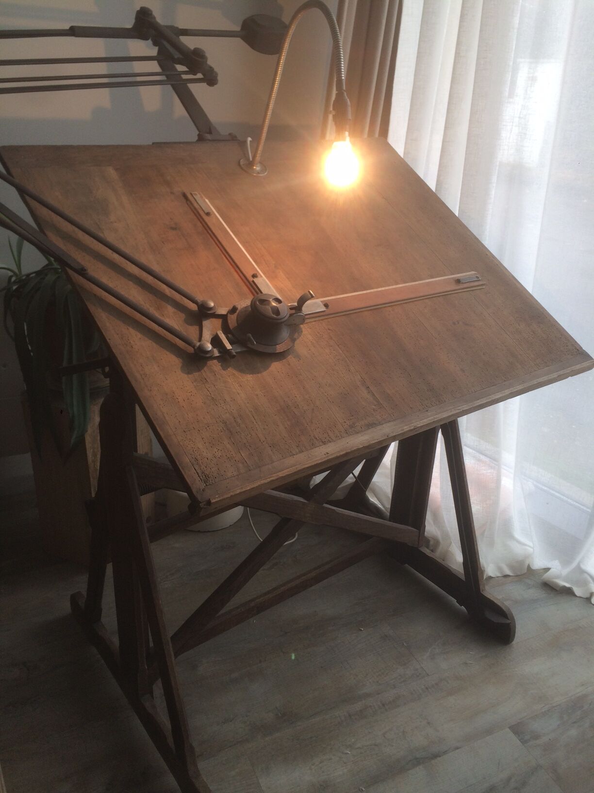 Wooden architect's table and metal movable arm 1950