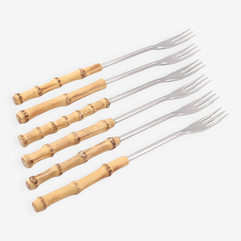 Set of 6 fondue forks with bamboo handles, 1960s