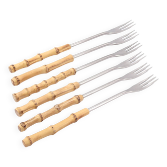 Set of 6 fondue forks with bamboo handles, 1960s