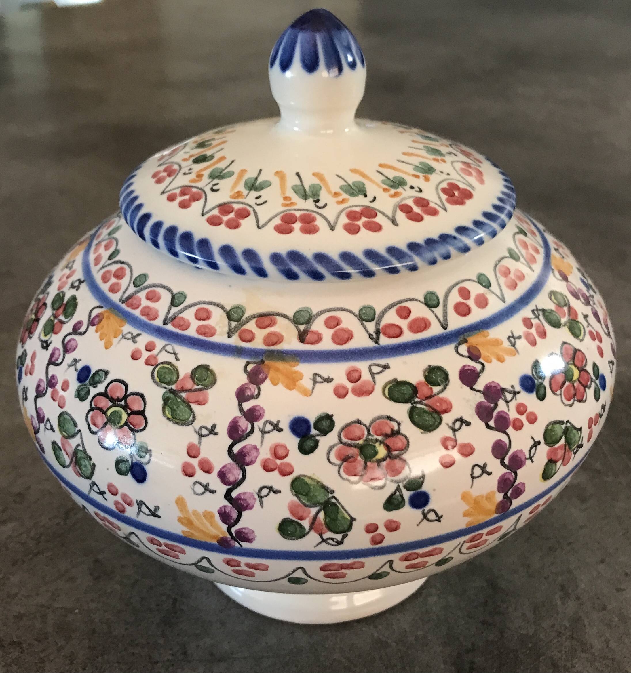 Jar, candy dish in enamelled ceramic with hand-painted decoration by p.arzobispo