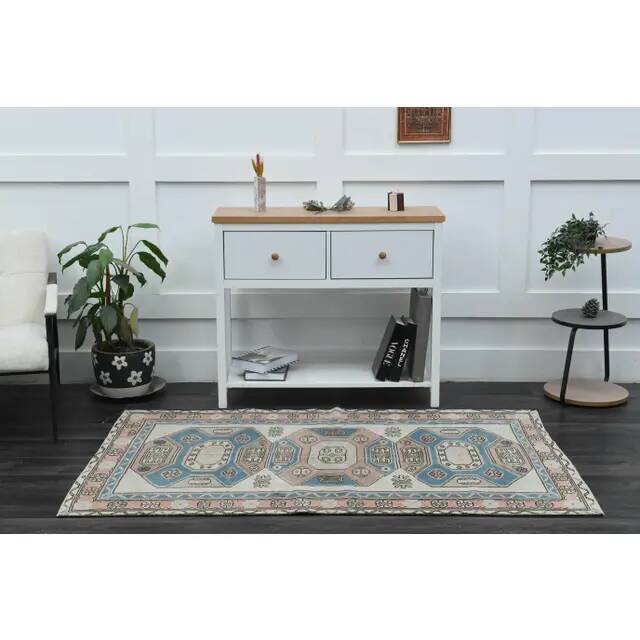 1970s Vintage Turkish Handmade Wool & Cotton Beige Area Rug 115x183
