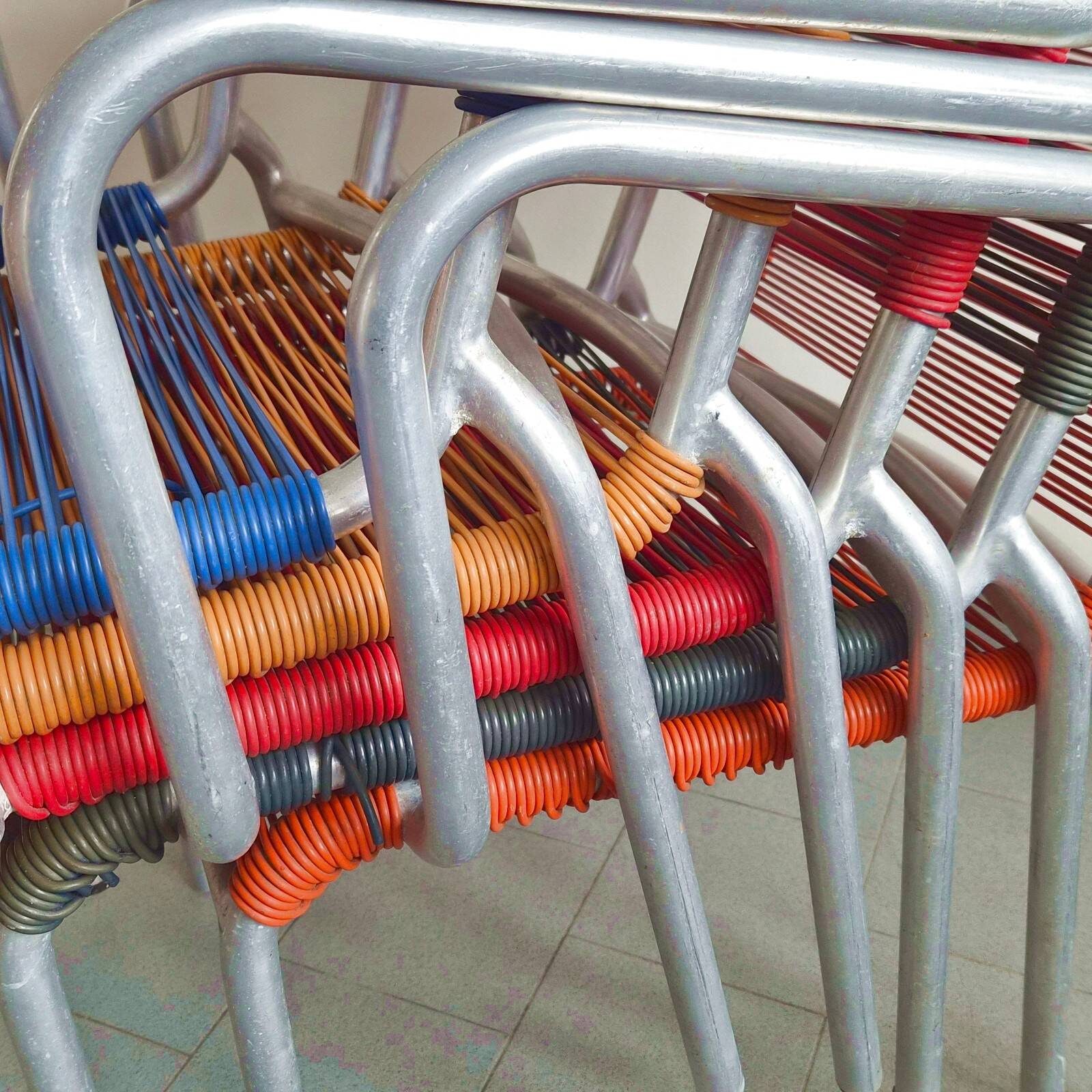 Set of 5 vintage scoubidou armchairs 1950 in aluminium & plastic wire 50