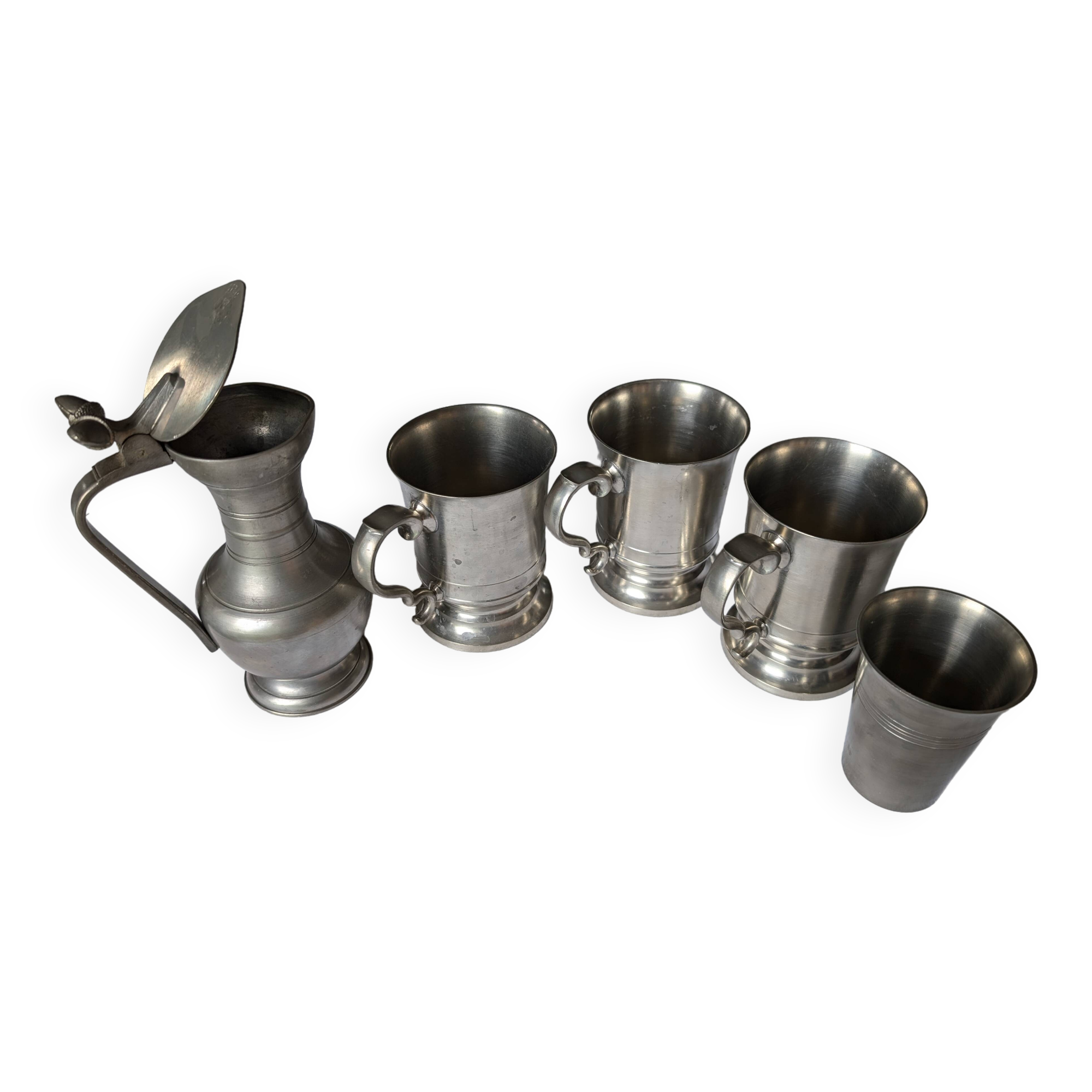 Pewter jug and cups set