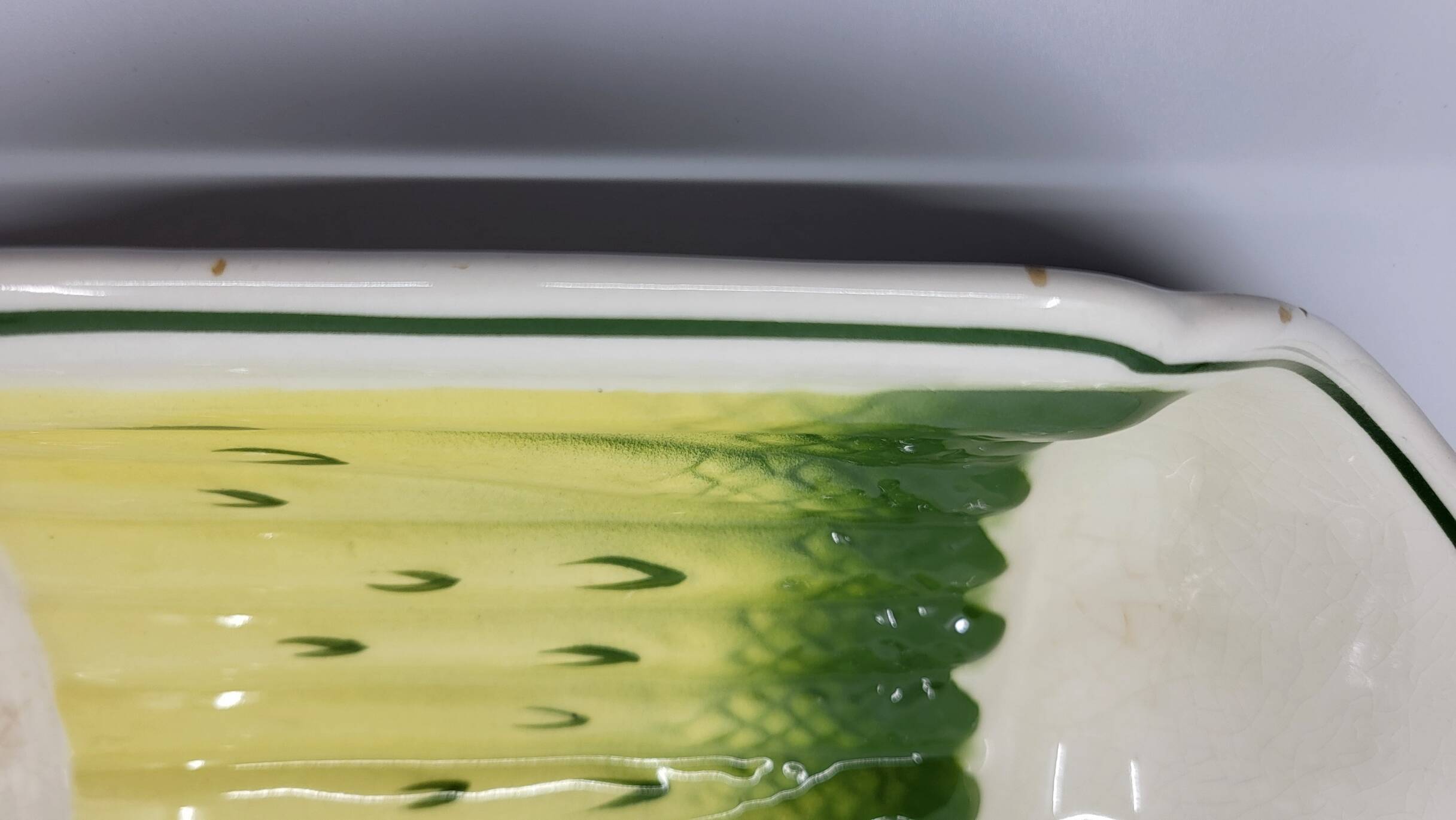 Salins earthenware slip dish decorated with asparagus, French, yellow and green, 20th century