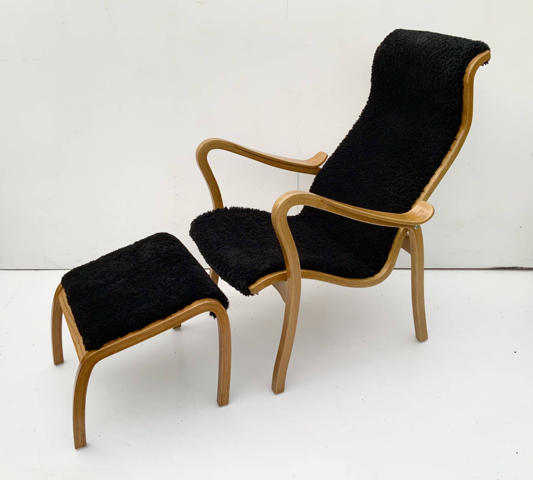 Vintage G.A. Berg “Torparen” Armchair, Oak, Black Sheepskin, Ottoman, 1960s