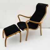Vintage G.A. Berg “Torparen” Armchair, Oak, Black Sheepskin, Ottoman, 1960s