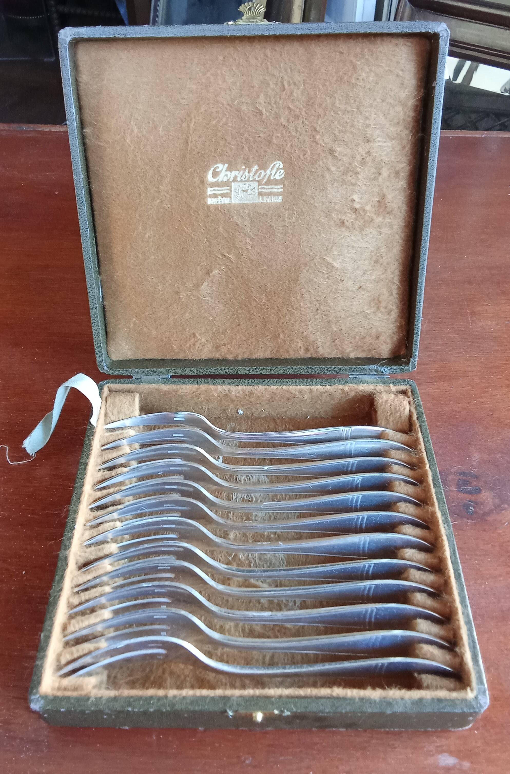 12 silver-plated metal condiment forks for shellfish by Christofle, Albi model.
