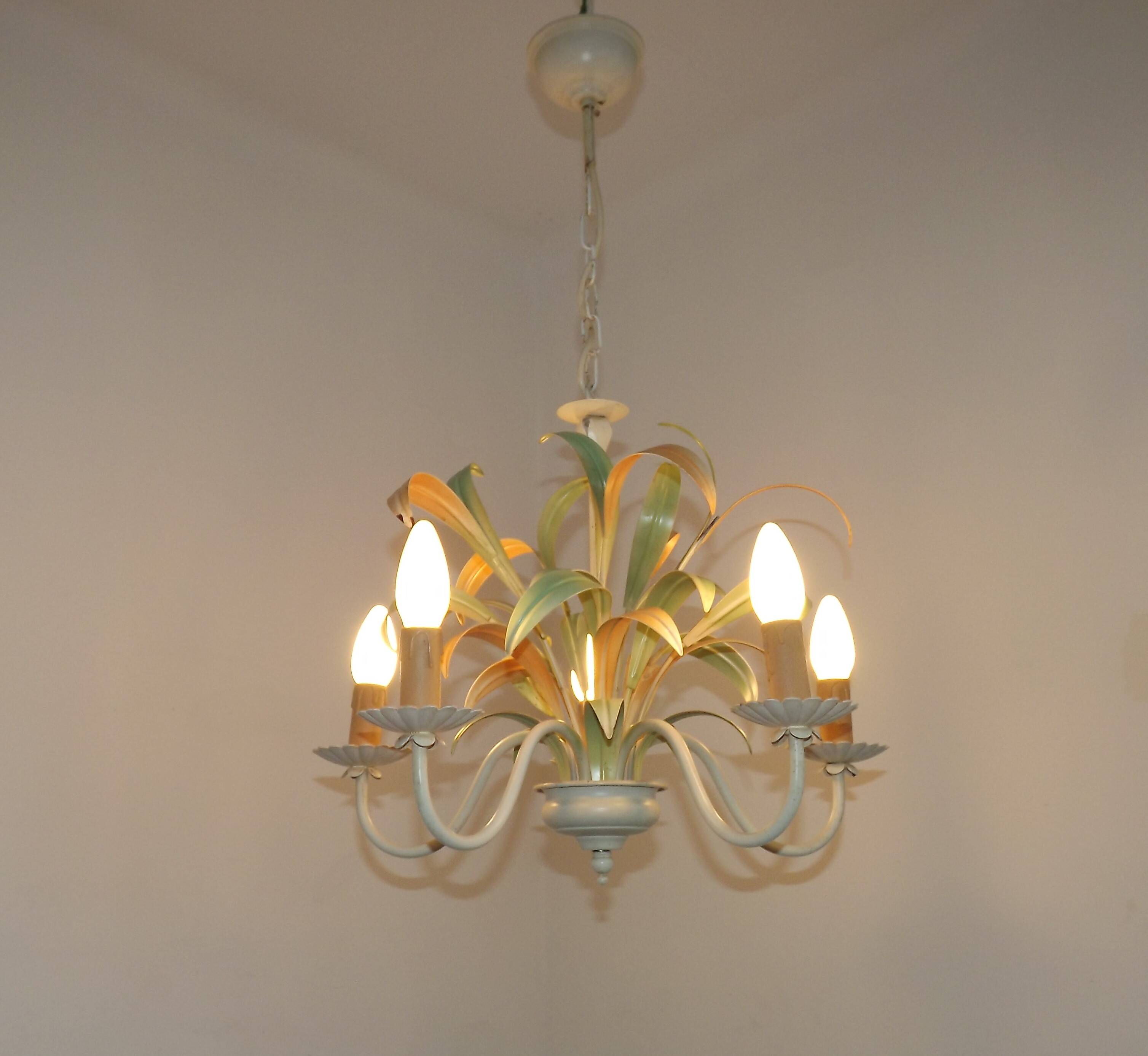 French Vintage Cream 5 Light Metal Chandelier Green and Peach Leaves